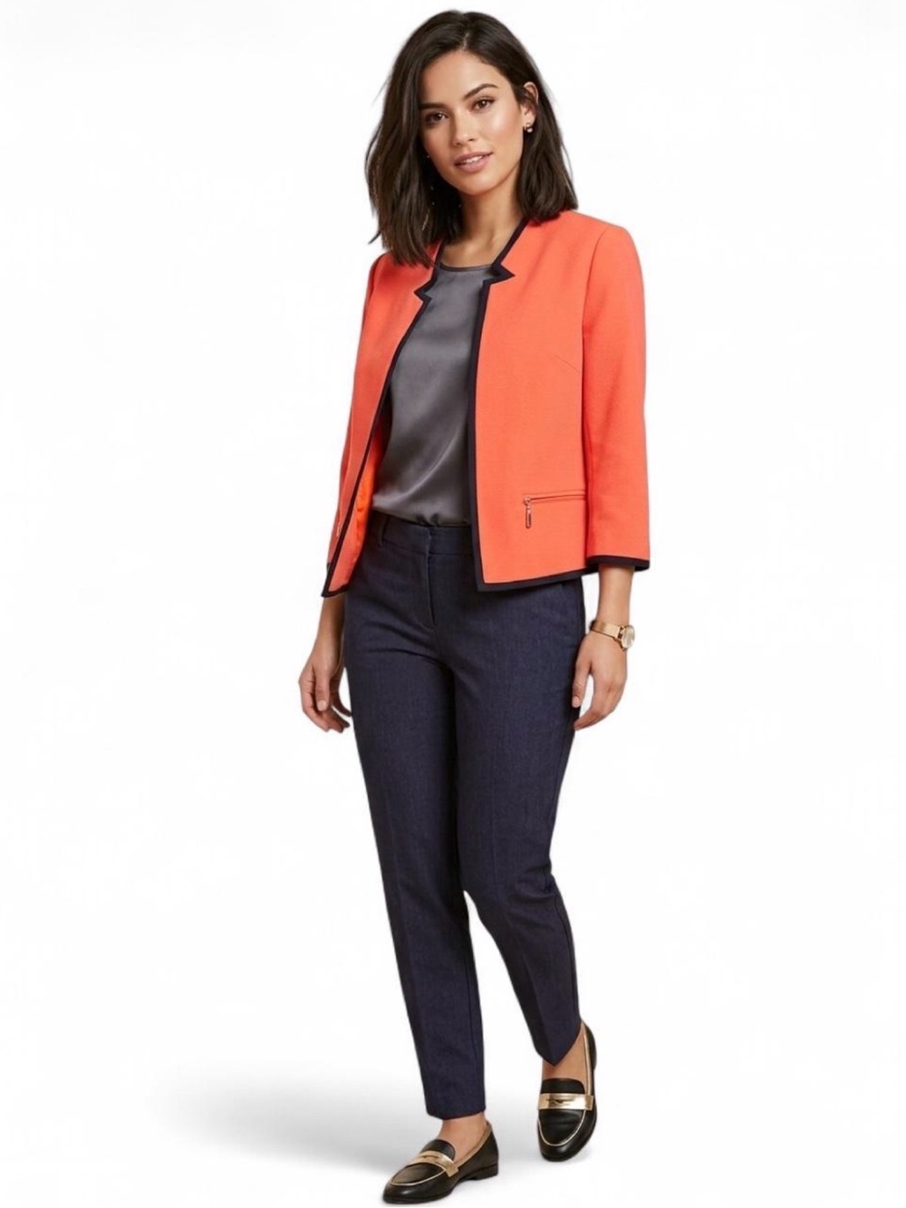 Forever 21 Coral Cropped Collarless Blazer with Black Piping